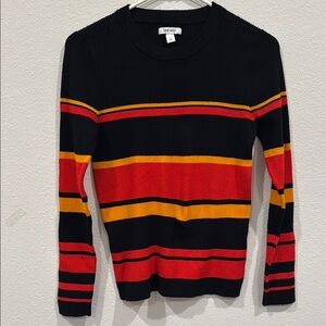 Nine West Black, Red, and Orange Crewneck Sweater with Bold Stripes